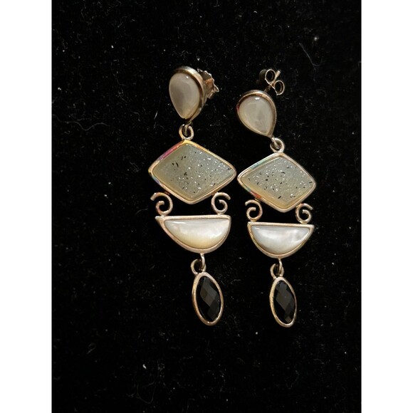 925 Multi-gemstone/Shape Dangle Druzy earrings Bezel set gemstones - Picture 1 of 4